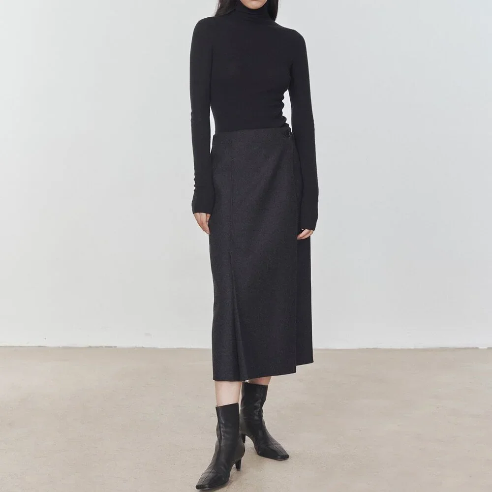 CHICJOC High-End 100% Wool Midi Wrap Skirt w/ Silk Waistband – Size 38 in grey